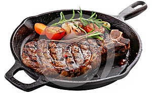 Grilled Steak: A mouthwatering juicy steak on a hot iron skillet, with char marks and sizzling sauce.