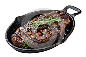 Grilled Steak: A mouthwatering juicy steak on a hot iron skillet, with char marks and sizzling sauce.