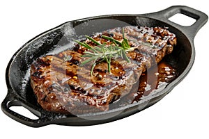 Grilled Steak: A mouthwatering juicy steak on a hot iron skillet, with char marks and sizzling sauce.