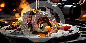 Grilled steak on a plate with vibrant vegetables captured mid-photography. gourmet, culinary art for fine dining. visual