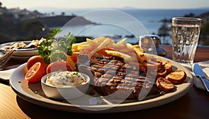 Grilled steak, pork, and fries on outdoor picnic table generated by AI