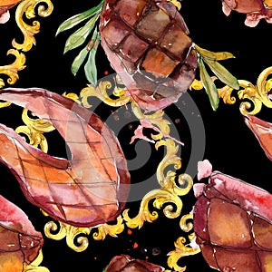 Grilled steak tasty food. Watercolor background illustration set. Seamless background pattern.