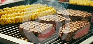 Grilled Steaks and Corn on BBQ