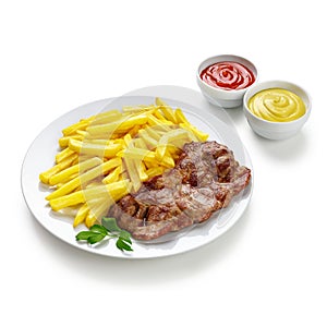 Grilled steaks and french fries on plate