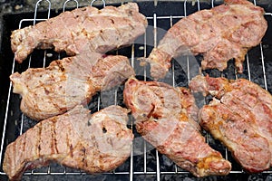Grilled steaks rest on a barbecue grill fresh beef meat fillet steak on barbecue grill grid cooked over burned charcoal