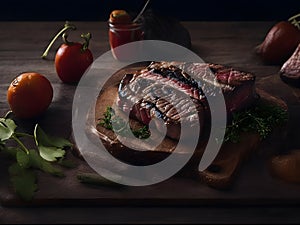 A grilled steaks served with grilled vegetables and fresh herbs