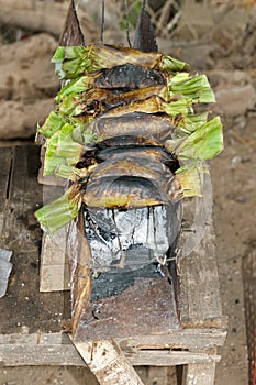 Grilled sticky rice wrapped in banana leaves