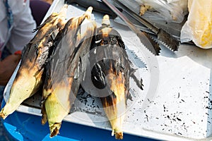 Grilled sweet corns on hot charcoal brazier