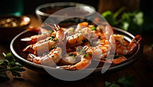 Grilled tiger prawn appetizer on rustic plate generated by AI