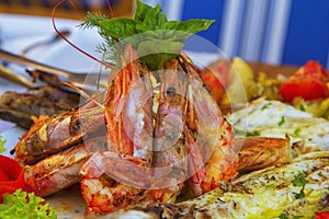 Grilled tiger prawns on the plate