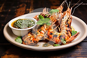 grilled tiger shrimp prawn served on a white plate with herbs and dipping sauce