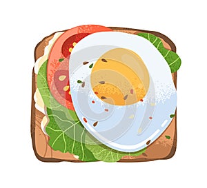 Grilled toast with fried egg, tomato slice, lettuce leaf and cream cheese on bread. Sandwich top view. Healthy snack