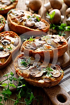 Grilled toasts with mushrooms and mozzarella cheese sprinkled with fresh parsley on a wooden board