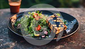 Grilled tofu with salad and copy space