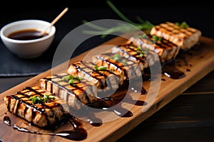 grilled tofu steaks with syrupy teriyaki sauce drizzle