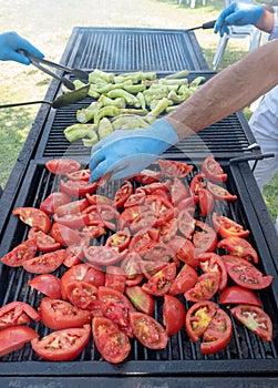 Grilled tomatoes at picnic in rotisserie