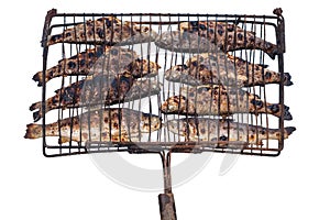 Grilled trouts, Prepared fresh fish on grill on a white background