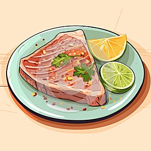 Grilled tuna steak on plate. Cooked salmon fillet fish with vegetables. Vector seafood illustration