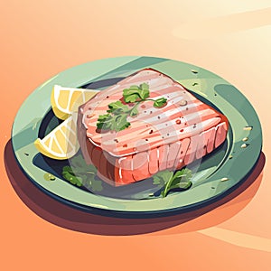 Grilled tuna steak on plate. Cooked salmon fillet fish with vegetables. Vector seafood illustration