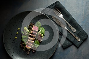 Grilled Tuna Steak with Salad and Wasabi Sauce