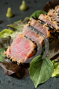 Grilled Tuna Steak with Salad and Wasabi Sauce