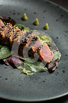 Grilled Tuna Steak with Salad and Wasabi Sauce