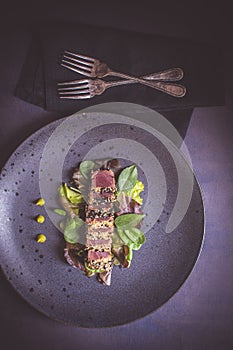 Grilled Tuna Steak with Salad and Wasabi Sauce