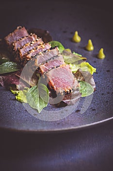 Grilled Tuna Steak with Salad and Wasabi Sauce