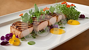 Grilled tuna steak on a white plate decorated with flowers.