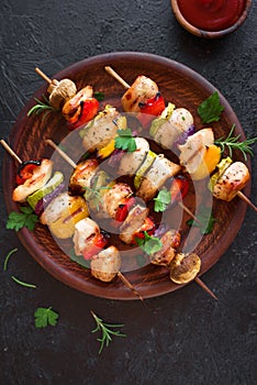 Grilled vegetable and chicken skewers