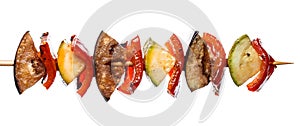 Grilled vegetable kebab on skewer with tomato, pepper, zucchini, squash and eggplant on white background, isolated food