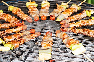 Grilled vegetable and meat skewers