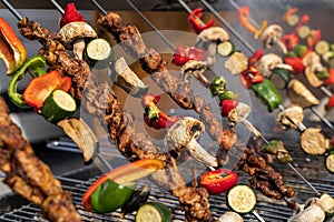 Grilled vegetable and meat skewers