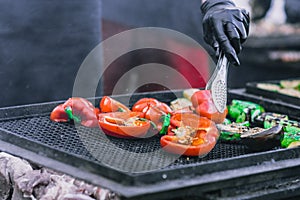 Grilled vegetable and meat skewers in a herb marinade on a grill pan, top view