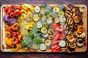 grilled vegetable medley on a rectangular wooden board