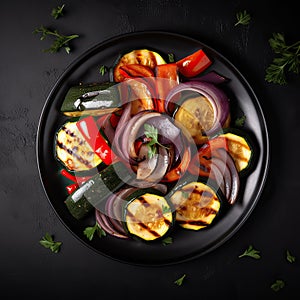 Grilled vegetables, eggplant, bell pepper, zucchini, red onion, tomato on plate. Top view. Generative AI