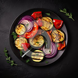 Grilled vegetables, eggplant, bell pepper, zucchini, red onion, tomato on plate. Top view. Generative AI