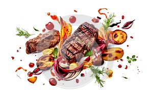 Grilled Vegetables And Grilled Meat Flying On White Background, Floating In The Air. Generative AI