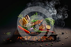 Grilled vegetables with smoke and fire in the background