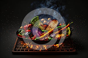 Grilled vegetables with smoke and fire in the background