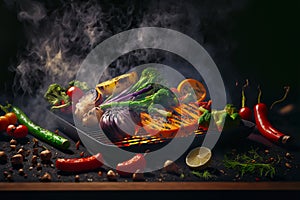 Grilled vegetables with smoke and fire in the background