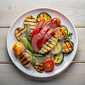 Grilled vegetables - zucchini, paprika, eggplant, asparagus and tomatoes.. The character and all objects are fictitious, the image