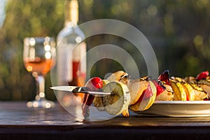 Grilled veggies, vegetable kebab with zucchini, onions and sweet