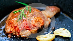 Grilled Wagyu fillet steak and rosemary on hot iron plate. Prime beef fry on electric roaster