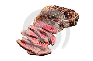 Grilled Wagyu Striploin beef meat steak or new york steak in a steel tray. Isolated, white background.