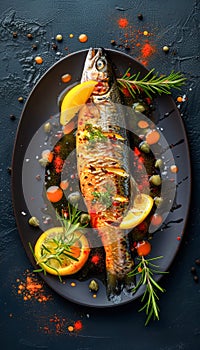 Grilled Whole Fish with Lemon, Herbs, and Spices on Elegant Black Plate, Gourmet Seafood Concept on Dark Background