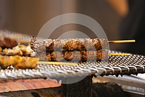 Grilled yakitori chicken skewers at an Izakaya restaurant in Omoide Yokocho street in the Shinjuku district of Tokyo.