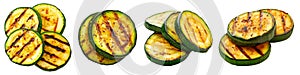 Grilled zucchini slice isolated on a white or transparent background. Grilled vegetables close-up. Eggplant slice with