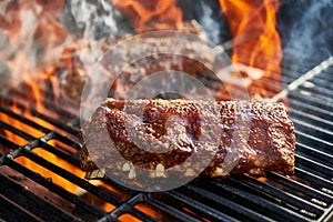 Grilling baby back pork ribs over flaming grill photo