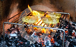 Grilling barbecue cheese over hot coals, fire and flame.